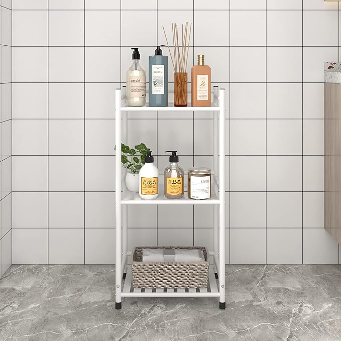 3 Tier Bathroom Storage Open Shelf Unit, Free-Standing Metal Corner Rack Shelving for Kitchen, Living Room, Hallway (Matte White, 3 Tier)