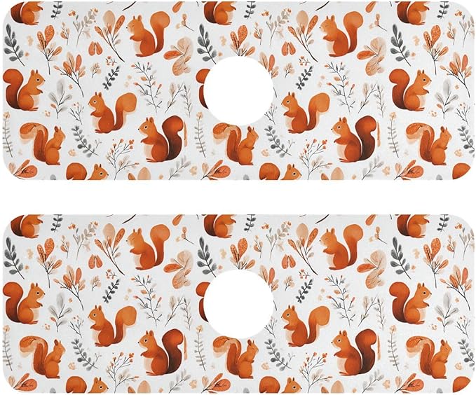 Squirrels and Fall Leaves Kitchen Sink Splash Guard Sink Faucet Mat Faucet Handle Drip Catcher Drain Mats for Kitchen Bathroom Countertop Absorbent Dish Drying Pad 2Pack 14.7x5.4IN