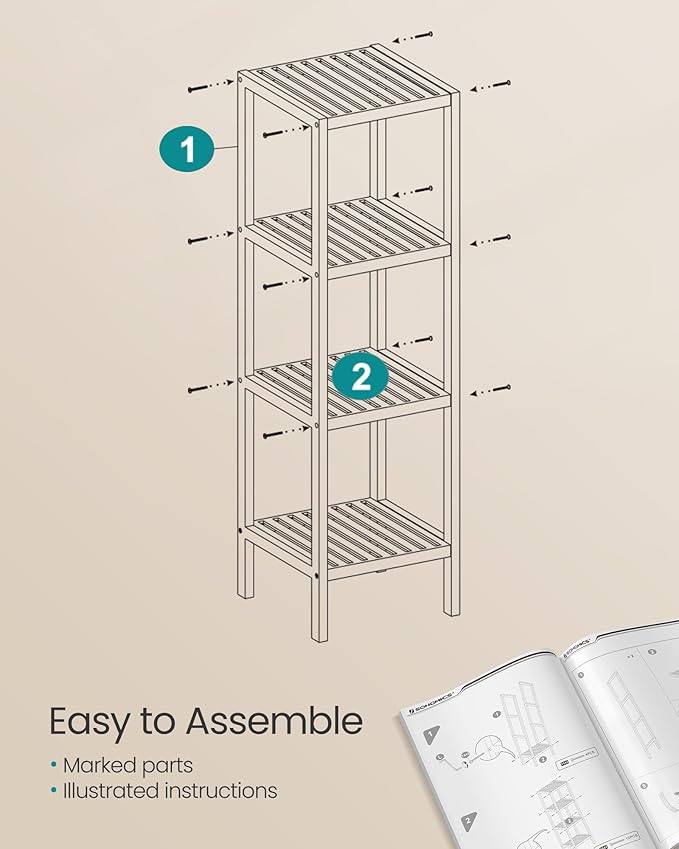 SONGMICS 4-Tier Bamboo Shelf, Narrow Bathroom Shelf, Standing Towel Rack, Corner Rack, for Kitchen, Living Room, Bedroom, Entryway, Bathroom, Natural UBCB54Y