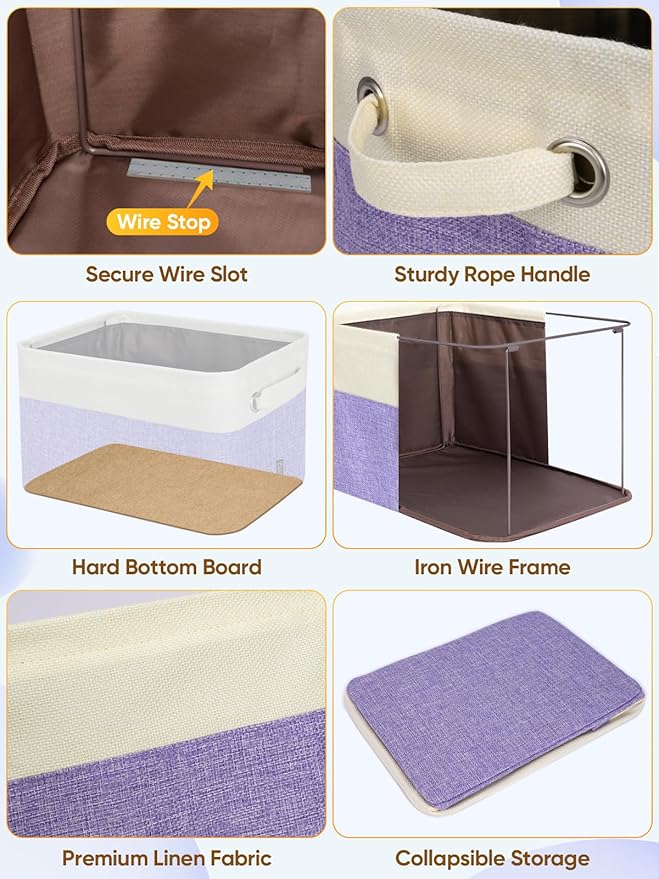 BALEINE 3 Pack Fabric Storage Bins for Shelves, Linen Storage Baskets for Organizing, Decorative Closet Bins for Clothes, Home (Lavender, 14''x10''x8.5'')