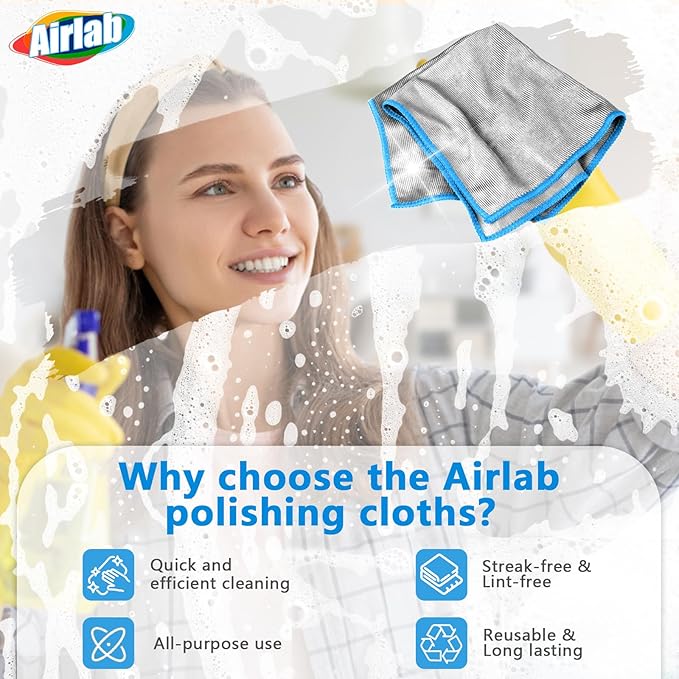 Airlab Glass Polishing Cloth Streak Free Miracle Microfiber Cleaning Cloth Lint Free Cleaning Rags for Glasses Kitchen Dish Mirrors Easy Clean, Pack of 6, 12" x 12", Sliver-Blue
