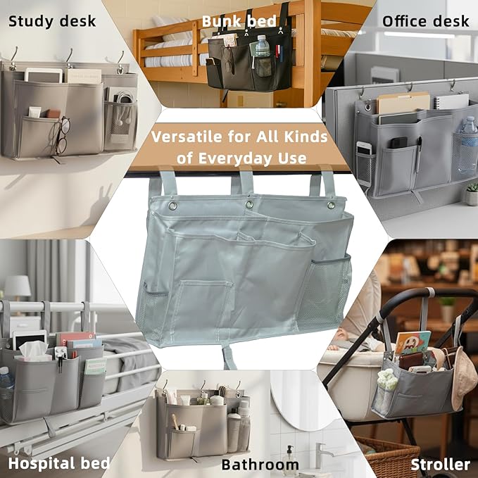 gedamari Bedside Organizer, Durable Bunk Bed Caddy, Multi-Pocket Hanging Storage Bag for College Dorm, Home, Hospital and Baby Stroller, Easy Installation, Metal Rivets Added, Oxford Fabric(Gray)
