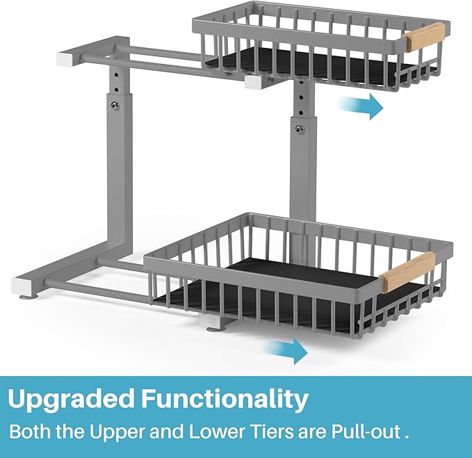 Jusdyrack Under Sink Organizer, 2 Packs 2 Tier Gray Under Sink Organizers and Storage, Slide Out Pull Out Cabinet Organizer Shelf, Metal Sliding Drawer for Kitchen Bathroom Cabinet Organization Rack