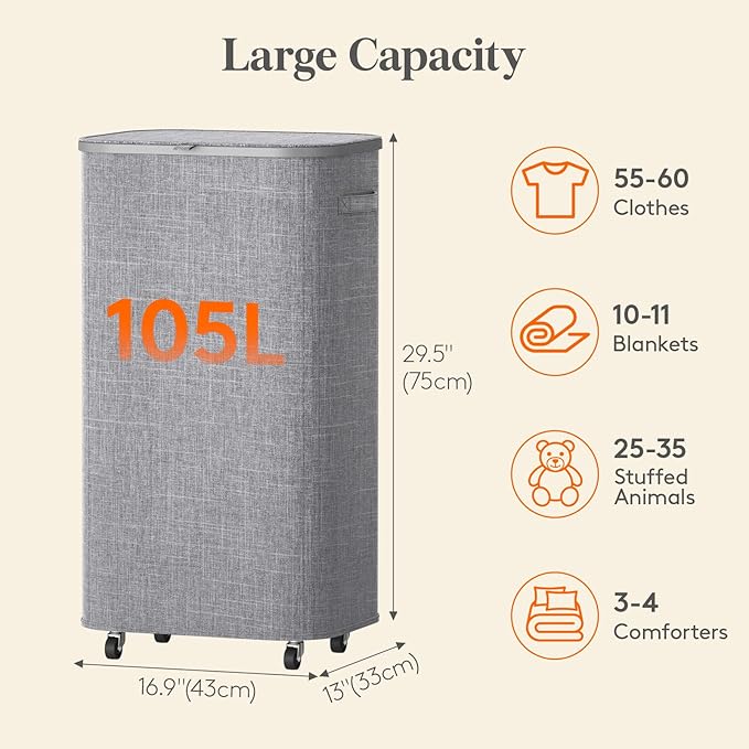 Lifewit 105L Plastic Laundry Basket with Lid, Large Clothes Hamper with Wheels and Removable Bag, Tall Collapsible Rolling Storage Bin for Dorm Bedroom Bathroom, Light Gray