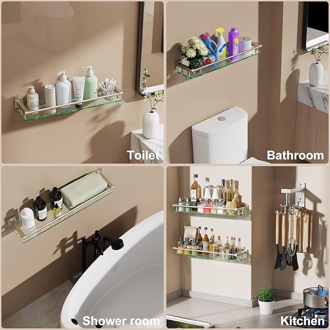 SFGSOWOR Glass Shelf for Bathroom Wall Sheves 24 inch Rectangular Stainless Steel Tempered Glass Modern Stainless Steel Wall Mount Accessories Organizers Storage (Brushed Nickel, 24‘’)