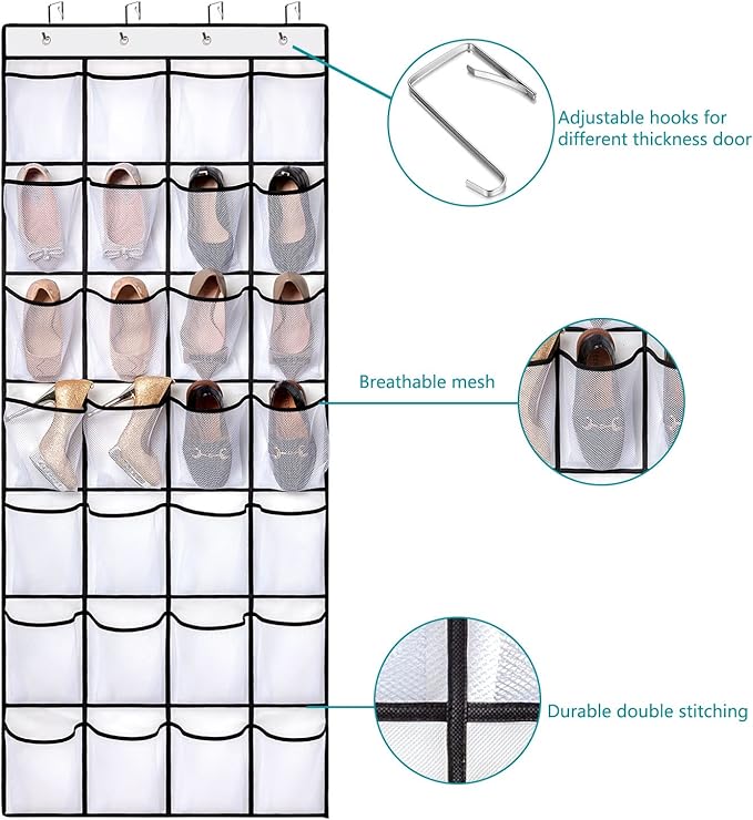 REGELETO 28 Large Pocket Over the Door Shoe Organzier, Hanging Shoe Rack for Door Large Capacity Shoe Organizer Holder with 4 Metal Hooks.