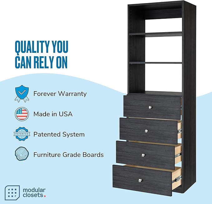 Modular Closet System - Tower With Drawers (4) - Corner Closet Organizer - Storage Shelves (Gray, 25.5 inches Wide)
