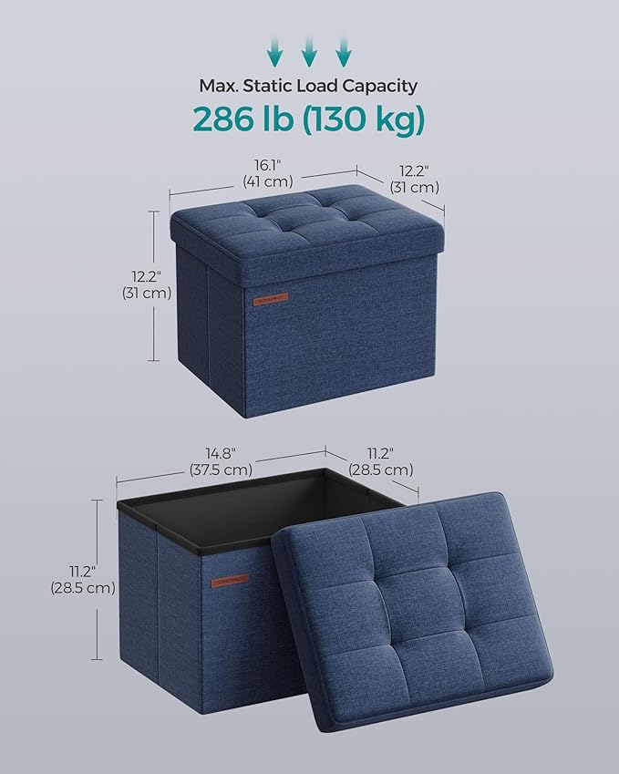 SONGMICS Mazie Collection - Small Folding Storage Ottoman, Foot Rest Stool, 12.2 x 16.1 x 12.2 Inches, 286 lb Load Capacity, for Living Room, Bedroom, Home Office, Dorm, Midnight Blue ULSF102Q02
