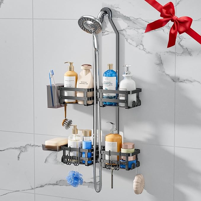 Aluminum Shower Caddy Hanging, Never Rust Shower Organizer- 4 Levels with adjustable Height 10 Hooks for Razor/Sponge - Rack with Soap Basket (Black-1)