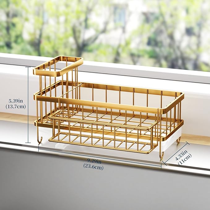 Consuemst Sponge Holder for Kitchen Sink - Auto Draining Sink Caddy Organizer with Detachable Rack, High Brush Holder, Kitchen Countertop Storage Accessories, Gold