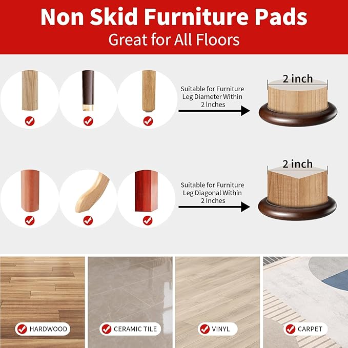Ezprotekt 2 inch Non Slip Wood Furniture Pads for Hardwood Floors, 8 Pcs Round Anti Slip Furniture Coaster Cups Floor Protectors with Anti-Slide EVA for Chair Sofa Table Bed Couch (Dark Brown)