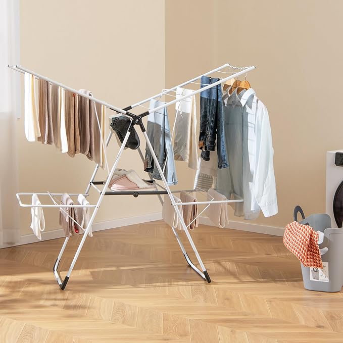 Tangkula Laundry Drying Rack, Foldable Clothes Drying Rack with Height Adjustable Wings, 33 Drying Rails & Sock Clips, Freestanding Gullwing Garment Stand for Indoor & Outdoor Use (White+Grey)