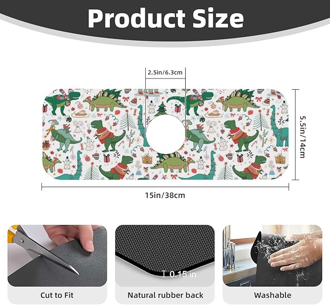 Dinosaur Christmas Happy New Year Kitchen Sink Splash Guard Faucet Mat Super Absorbent Fast Drying Mat Sink Gadgets-Fast Drying Pad Sink Mat For Kitchen Bathroom (15" X 5.5" )