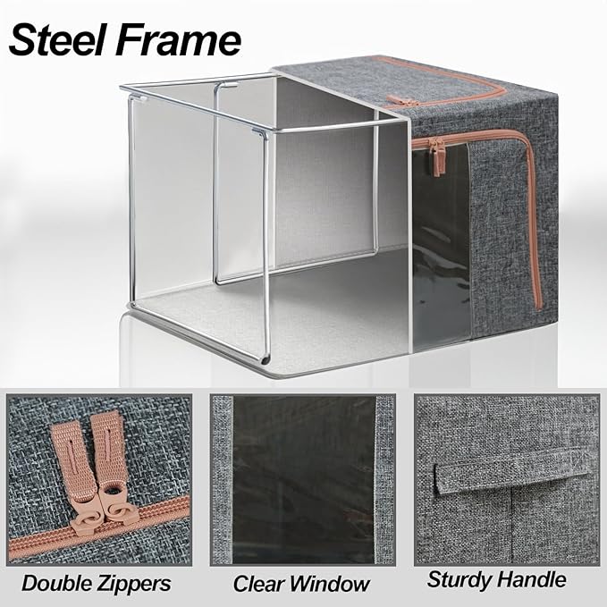 Linen Clothes Storage Bins, 4PCS Sturdy Closet Organizers and Storage Bin with Metal Frame, 2 Opening Ways Fabric Visible Lidded Storage Box for Organizing Clothing,Jeans,Sheets (4PC Gray, 60Liters)
