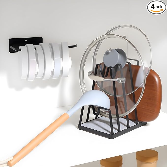 YIGII Pot Lid Cutting Board Organizer with Diatomite Stone, Black Pan Lid Organizer and Spoon Rest Rack, Multifunctional Utensil Holder for Stove top and Kitchen Counter
