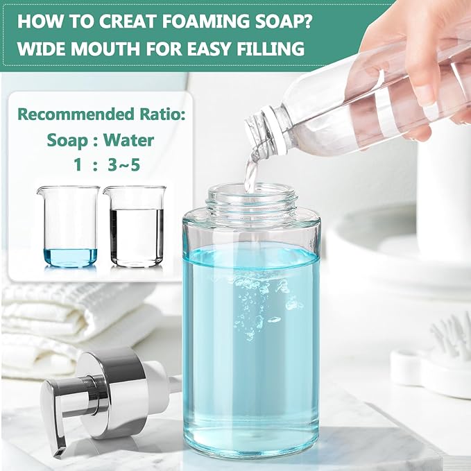 Glass Soap Dispenser, 10 oz/300ml Foaming Soap Dispenser, 4 Pack Foaming Hand Dispenser for Bathroom & Kitchen, Clear Refillable Foam Soap Bottle with Silver Pump