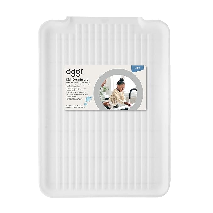 Oggi Dish Drain Board and Drying Rack Tray for Kitchen Counter, Plastic Drainboard with Raised Ridges, 12.75 x 17.25 inches - White