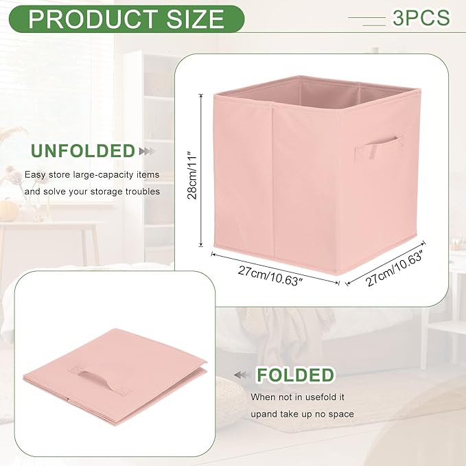 uxcell 3Pcs Fabric Storage Bins, 11 Inch Cube Storage Bin Foldable Storage Cube Organizer Bins with Handles for Shelf Closet, Nursery Home, Bedroom(Light Pink)