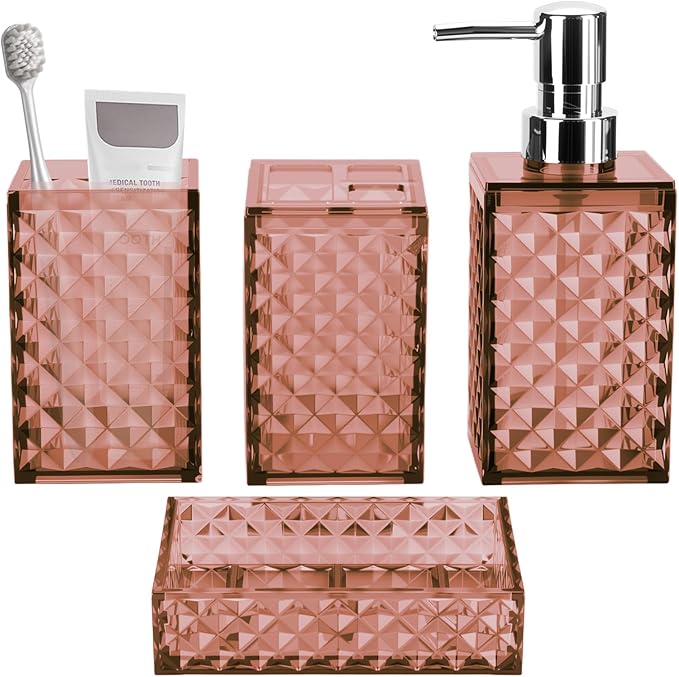 Bathroom Accessory Set, Grid Pattern 4 Pcs Plastic Bathroom Set Include Soap Dispenser, Soap Dish, Toothbrush Holder, Mousewash Cup, Modern Bahtroom Décor Set(Orange)