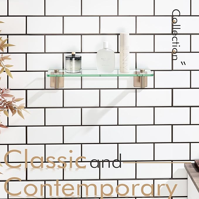 KOKOSIRI Wall Shelves Bathroom Hardware Glass Floating Shelf Small Hanging Rack Storage/Room Decor 16-Inch Champagne Bronze 2 Pack B1105CPG-L16-P2