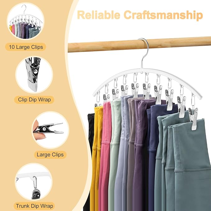 Legging Organizer for Closet, Metal Yoga Pants Hanger w/Rubber Coated 2 Pack w/10 Clips Hold 20 Leggings, Hangers Space Saving Hanging Closet Organizer for Closet Organizers and Storage-White