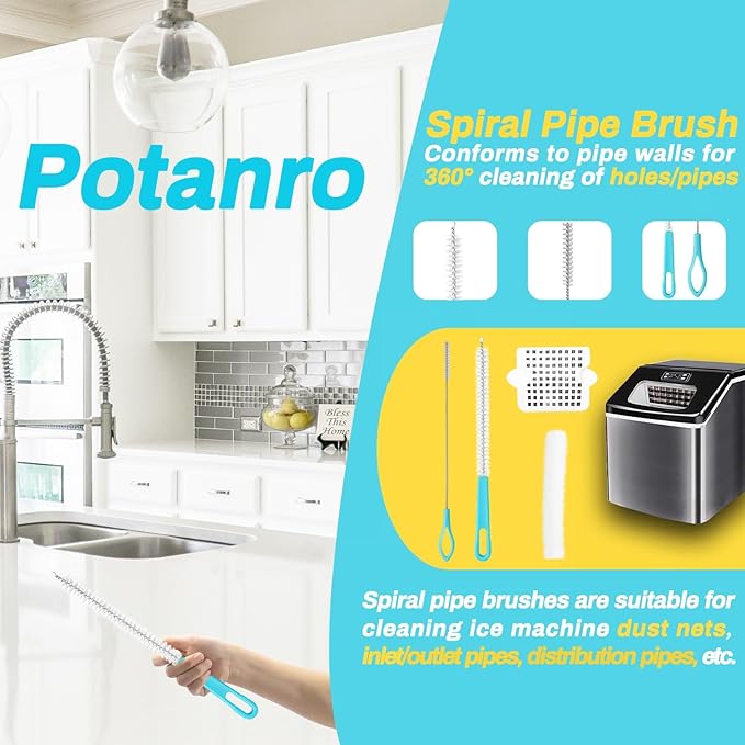 Potanro Ice Machine Cleaner Brush Sets, 14pcs Countertop Ice Maker Cleaner Tools, Gap Crevice Cleaning Brushes Tools Small Spaces, Scrub Sponge, Thin Brush for Cleaning Window Track, Straw, Bottle