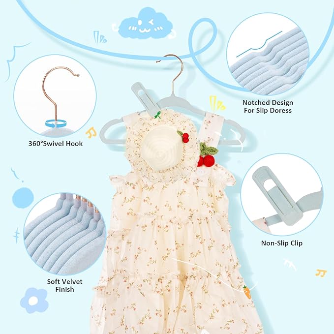 Baby Hangers 50 Pack - 11 Inch Premium Velvet Non Slip Kids Hanger for Infant & Toddler Clothes - 0.2" Ultra Thin Baby Closet Hangers with 10 Hanger Clips - Blue