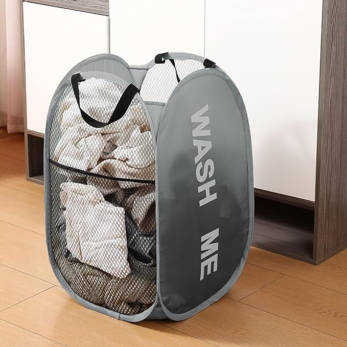 Collapsible Mesh Pop Up Laundry Hamper 2Pack Foldable Laundry Basket for clothing, stuffed animals, towels, for Laundry Room, Dorm, Apartment (Black+Grey)