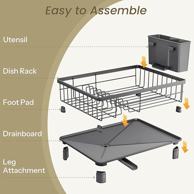 SNTD Dish Drying Rack - Small Dish Rack for Kitchen Counter, Stainless Steel Dish Drainer with Utensil Holder and Drainboard, 11" W x 15" L (Grey)