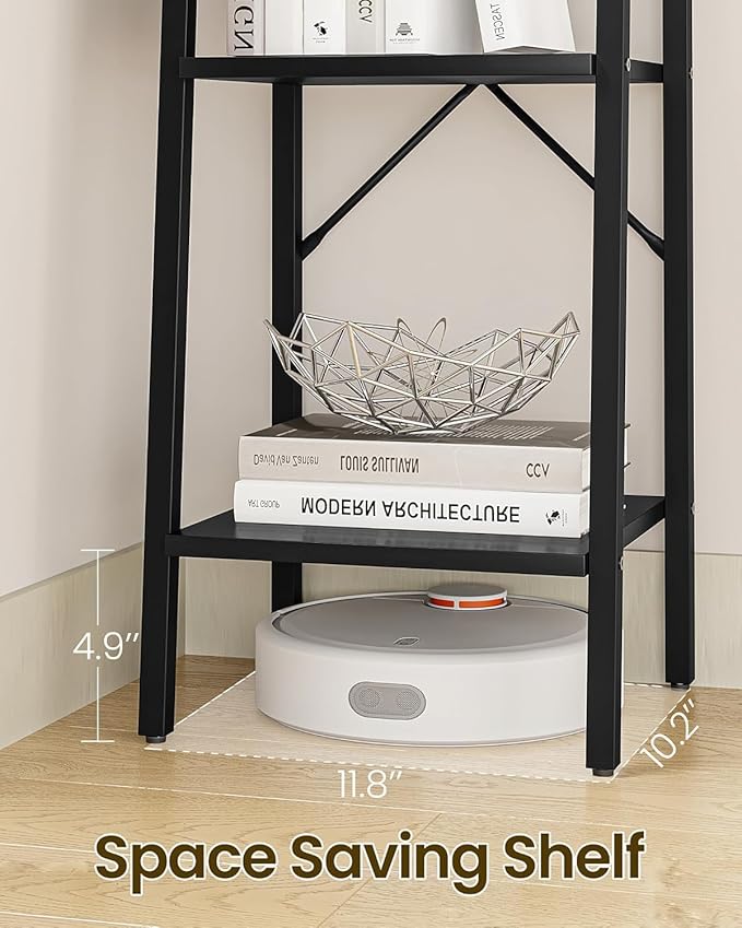 Ladder Shelf, Bookshelf Bookcase, Freestanding Corner Storage Shelve with 2 Hooks for Home Office, Living Room, Kitchen, Bedroom, Industrial, 11.8" D x 13.4" W x 63" H, Black BC03204B