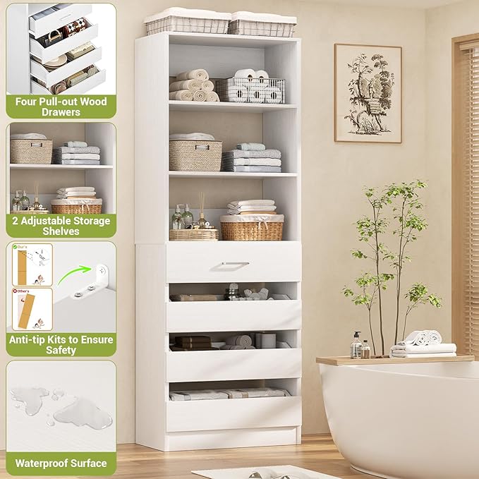 Aheaplus 21.3" Closet System with 4 Drawers, Wood Closet Organizer with Open Shelves, Modular Drawers System Tower, Walk-in Closets Small Wardrobe Rack, Tall Storage Cabinet Unit, White