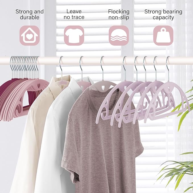 IEOKE Velvet Hangers 50 Pack: Felt Clothes Hangers Heavy Duty Shirt Sweater Hangers No Shoulder Bump Non Slip Slim Thin Coat Hangers for Closet - Pink Multi