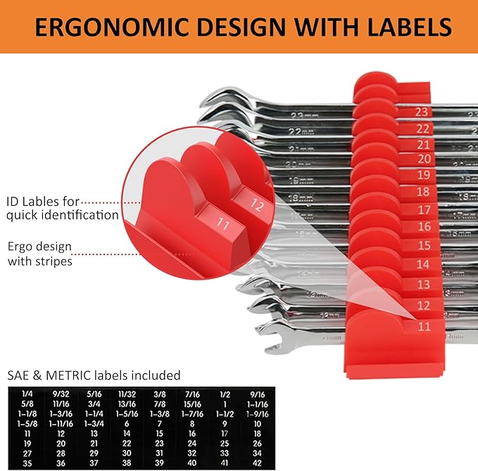 52 pcs Modular Wrench Organizers for Tool Drawers - Wrench Rack with Metric&SAE Labels, Perfect Tool Storage Holder. Gift for Father or Boyfriend.(Red)
