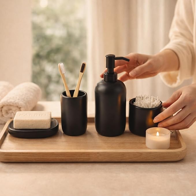 Ceramic Bathroom Accessories Set 4 Pcs – Modern Scandinavian Neutral Bathroom Soap Dispenser Set with Toothbrush Holder, Soap Dish & Cup – Minimalist Bathroom Accessory Set Decor - Black