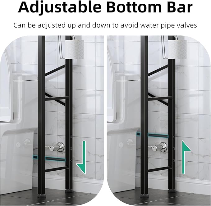 Over The Toilet Storage with X Shape Side Guardrail, 3-Tier Over Toilet Storage Rack with Drain Basket, Freestanding Bathroom Organizer for Balcony Laundry, Pure Black