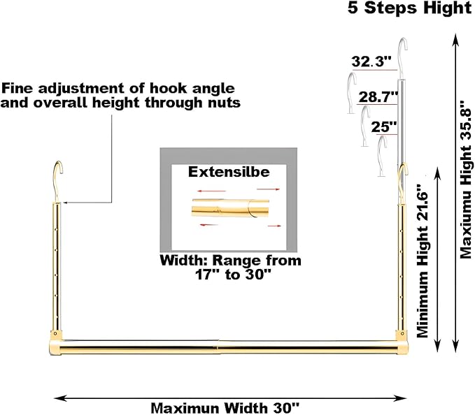 Adjustable Hanging Closet Rod, Extender Hanging Rod, Closet Hanging Organizer, Heavy Duty Closet Bar, Hanging Rod (Gold, 1 Pack)