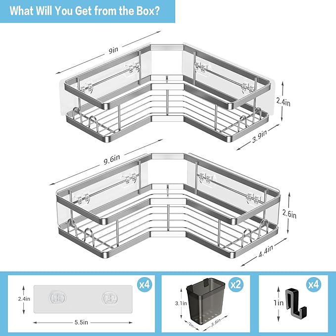 Corner Shower Caddy Bathroom Organizer: AKTECKE 2 Pack Adhesive Shelf Decor- No Drilling Stainless Steel Storage Rack with Hooks and Toothpaste Holder - Accessories Stuff