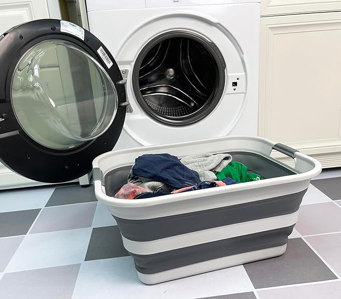 SAMMART Collapsible Plastic Laundry Basket - Foldable Pop Up Storage Container/Organizer - Portable Washing Tub - Space Saving Hamper/Basket (Grey/Steel Grey, 42L)