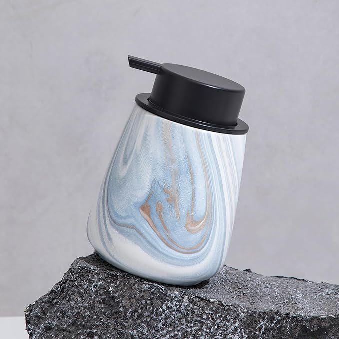 12Oz Foaming Hand Soap Dispenser - Ceramic Bathroom Foam Soap Dispenser with Easy-to-Press Black Pump, Refillable Lotion Hand Dispenser, Dish Soap Dispensers for Kitchen, Marble Blue