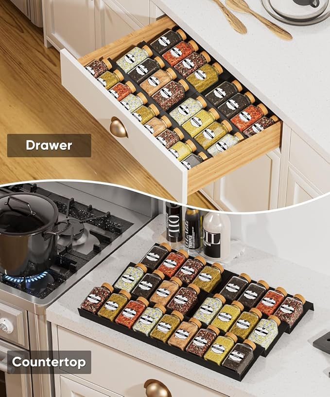 Artibear Aluminum Spice Drawer Organizer, Spice Rack Tray for Kitchen Cabinet, 6 Pieces Set-Expandable Seasoning Storage Rack From 8"-16" Insert for Drawer/Countertop (Jars Not Included)
