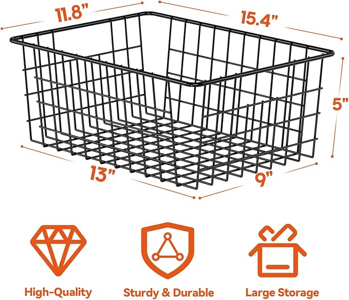 SUFAUY 6 Pack Utility Wire Shelves for Storage and organization, Sturdy Steel Large Metal Basket with Handle, Stackable Organizer, Black