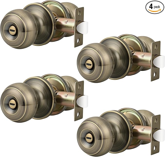 Probrico 4 Pack Antique Brass Door Knobs Lockable Privacy Door Lock Interior Bedroom Bathroom Door Handle Round Keyless Door Knob Set