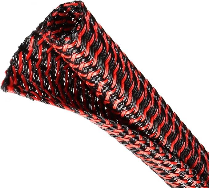 Split Wire Loom Tubing, Cable Protector Sleeve, Braided Cable Management for TV/Computer/Home Theater/Engine Bay, Cord Protectors from Pets No Chew (Red and Black, 3/8"-10ft)