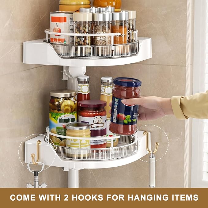 2-Tier Corner Spice Rack Organizer – 360° Rotatable, 19.68-43.5" Height Adjustable, 11LBS Load-Bearing with Hooks – Space-Saving for Kitchen Counter/Cabinet Gaps, Tame Seasoning Clutter (White)