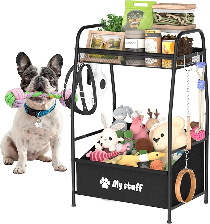 Medium Dog Toy basket, Toy Box for Dogs, Pet Toys Bin Dog Metal Wire Basket for Toys, Food Storage, Storage Organizer Chest Storage, Toy Box for Living Room Area (Black)