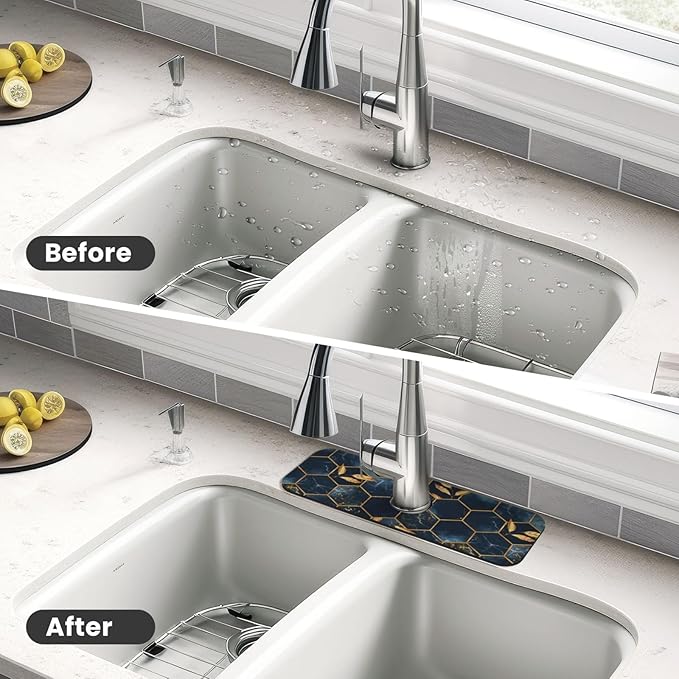 Faucet Draining Mat For Kitchen Sink, Black And Blue Honeycomb Marblenon Diatom Mud Absorbent Drain Pad For Bathroom Kitchen Sink Splash Guard Drying Mat
