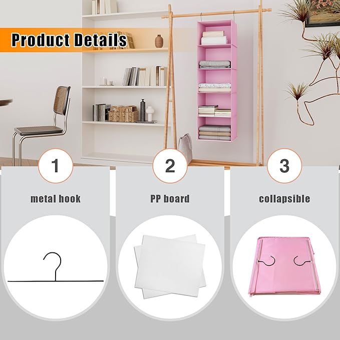 Hanging Closet Organizer, Easy Mount Foldable 5-Shelf Hanging Closet Wardrobe Storage Shelves, Clothes Handbag Shoes Accessories Storage, Washable Oxford Cloth Fabric, Pink