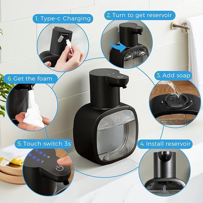 Automatic Foaming Soap Dispenser, 17oz/500ml Touchless Rechargeable with 4-Level Adjustable & IPX5 Waterproof - Level Display for Wall/Tabletop Use in Bathroom, Kitchen, Black