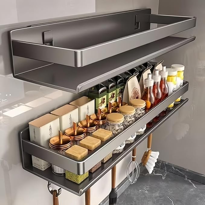 Carbon Steel Wall Mounted Spice Rack with Hooks, 15.75" D x 3.94" W x 3.15" H Adhesive No-Drill Spice Organizer, Dark Gray Kitchen & Bathroom Storage Shelf for Countertop Cabinet Wall