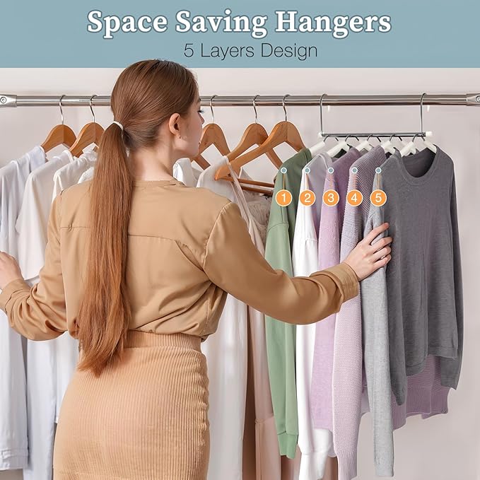 Clothes Hangers Space Saving Shirt Organizer, Non Slip Multi Shirt Hangers for Closet with Foam Padded Closet Organizers and Storage for Sweater Hoodie Blouse Coat Dress Short Beige 2 Pack